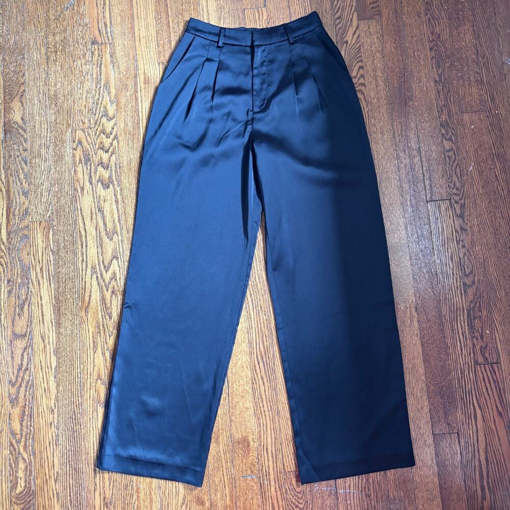 WAYF Black Satin Wide Leg Career Office Date Trouser Pants Small High Rise